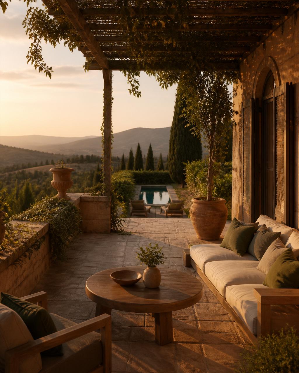 Luxury villa terrace overlooking rolling hills at golden hour